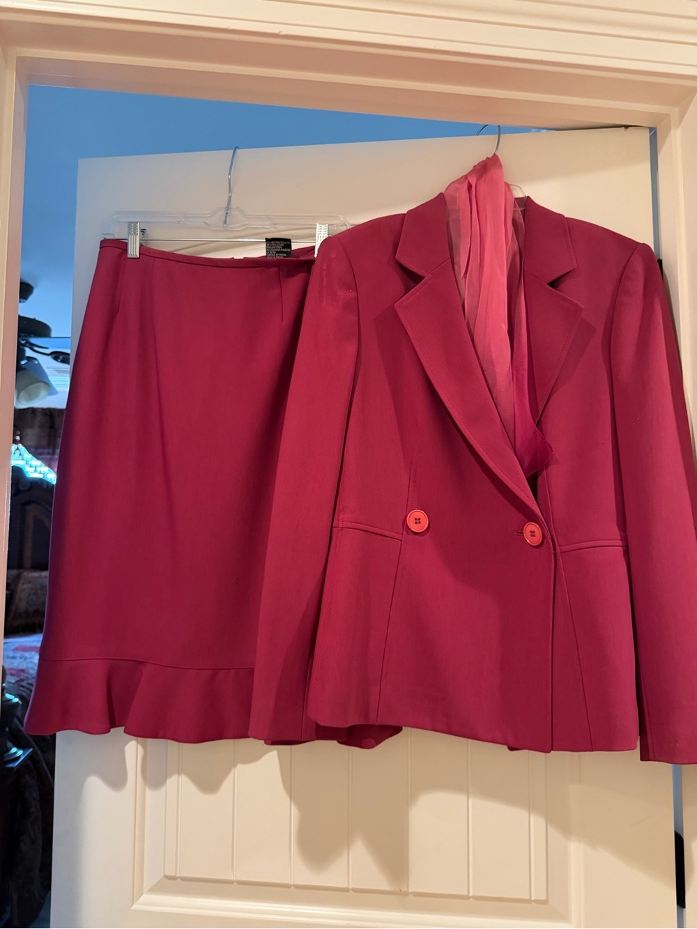 Kasper Magenta Double-Button Blazer and Flounce Hem Skirt Set